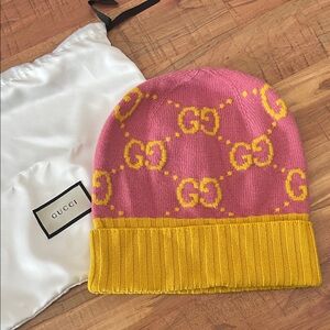Gucci Pink and Yellow GG Jacquard Knit Beanie